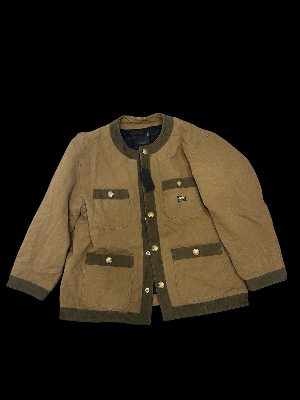 NWT R13 Women’s Medium Corduroy Trimmed Chore Jacket in Tan with Olive Trim